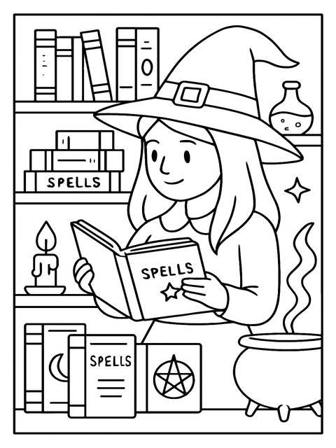 A witch reading a spell book in a witchy coloring page with books and cauldron
