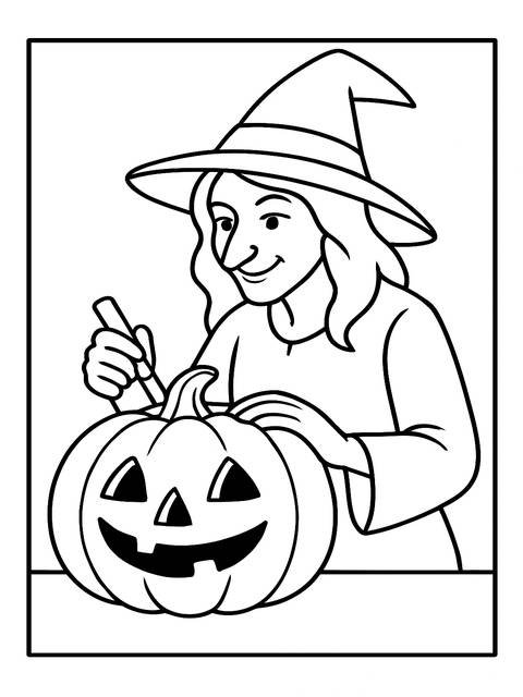 Coloring page of a witch carving a jack-o'-lantern, a witchy halloween theme