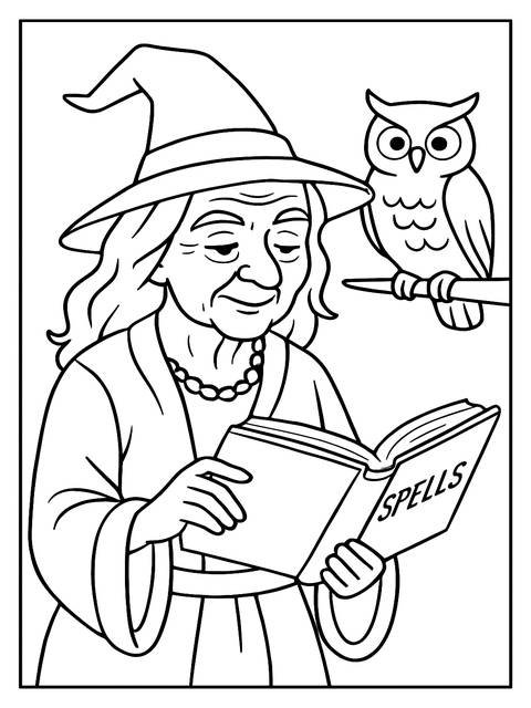 Witchy coloring page: a witch reading a spell book, with an owl nearby