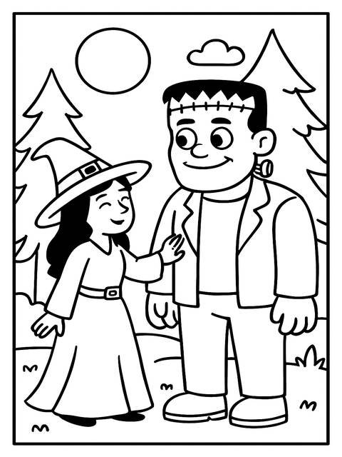 Coloring page featuring a witch and frankenstein's monster, perfect for witchy coloring