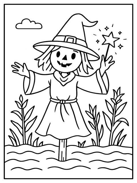 Witchy coloring page idea: a smiling witch with a hat and wand