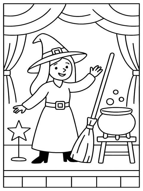 Coloring page featuring a witch with a broom, cauldron, and star, from 'witchy coloring pages'