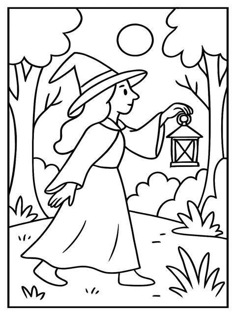 Coloring page of a witch with a lantern, walking through a forest at night