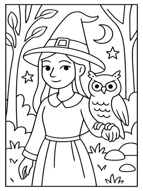 Witchy coloring page: a witch with an owl, stars, and a crescent moon