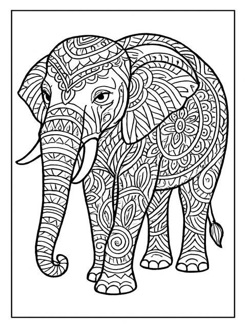 Zentangle coloring page idea featuring an elephant with intricate patterns and designs