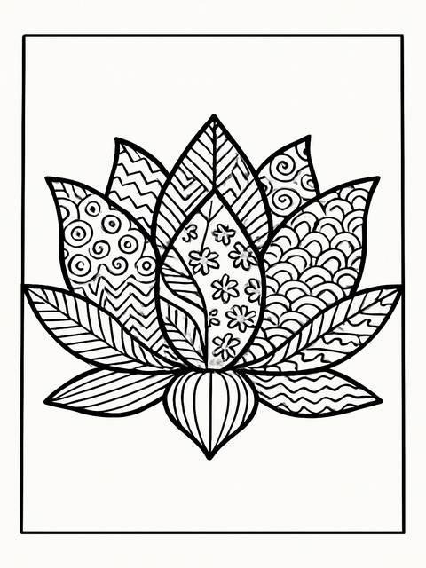 Zentangle coloring page idea featuring a detailed lotus flower with intricate patterns