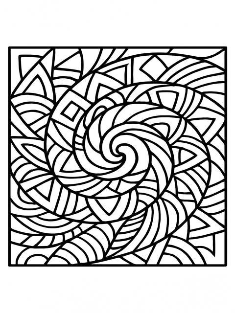Black and white zentangle coloring page with intricate geometric patterns and spiral
