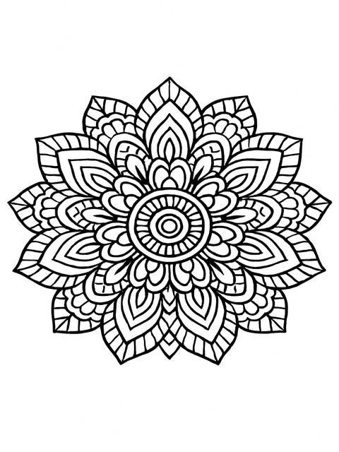 Intricate zentangle coloring page featuring a symmetrical floral design for relaxation
