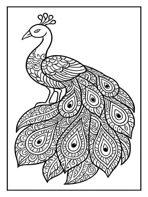 Zentangle coloring page of a peacock with detailed feathers and patterns