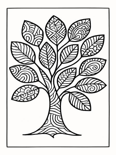 Zentangle coloring page of a stylized tree with detailed leaf patterns and designs
