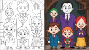 Addams family coloring page featuring the family in a cartoon style