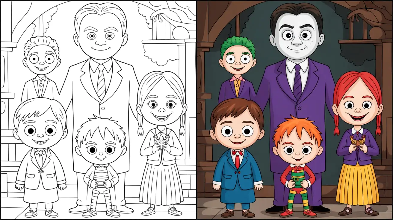 Addams family coloring page featuring the family in a cartoon style