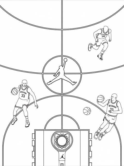 Air jordan basketball court coloring page featuring players, balls, and the logo