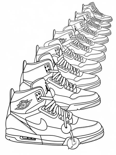Line drawing of a collection of air jordan sneakers in a row