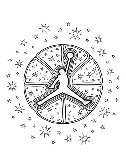Air jordan logo inside a decorative basketball with stars, ready for coloring