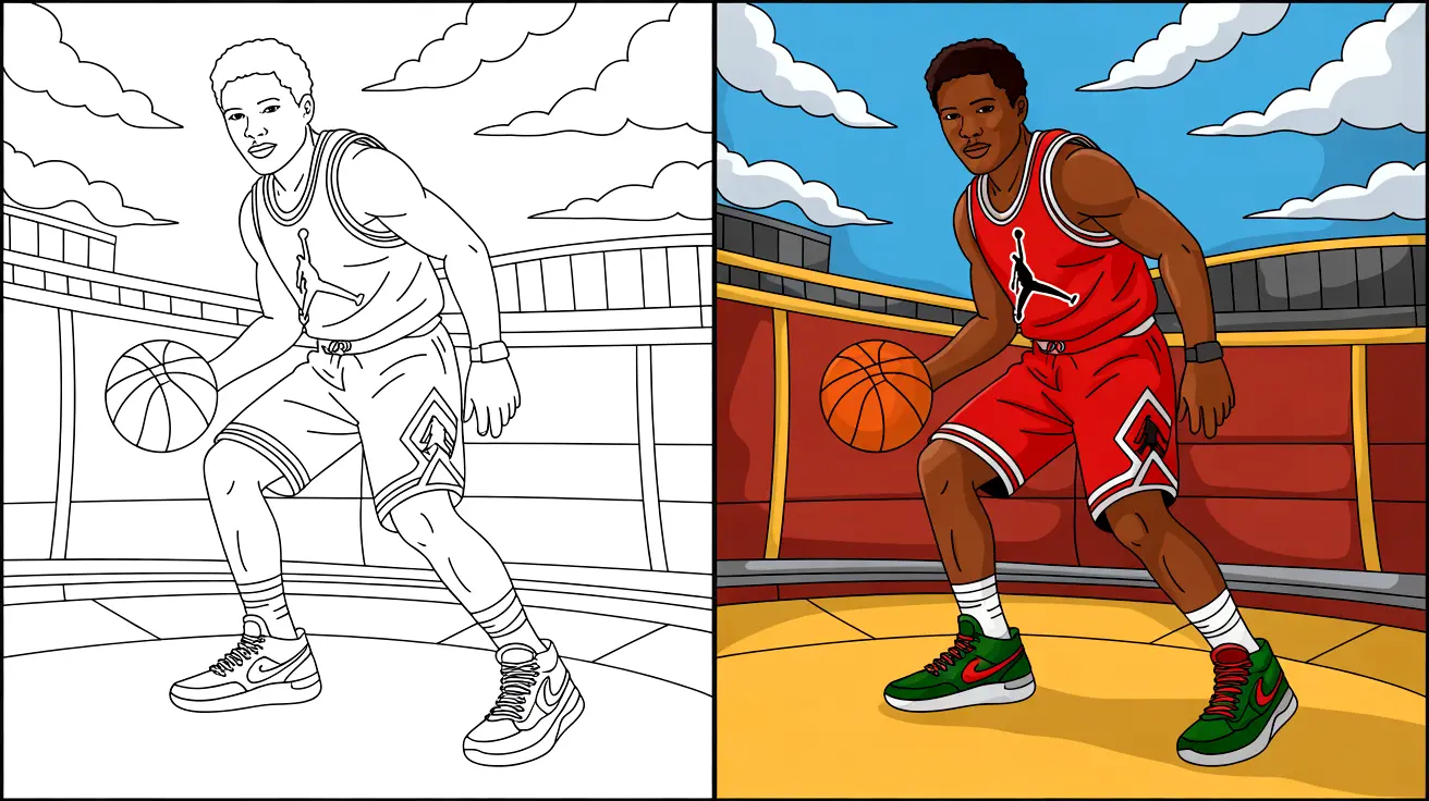 Air jordan coloring page of a basketball player dribbling the ball