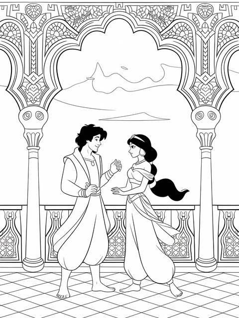 Aladdin and jasmine at sunset, standing together on a balcony, cover art
