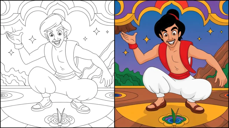 Aladdin coloring page: a two-panel image of aladdin in a squatting pose