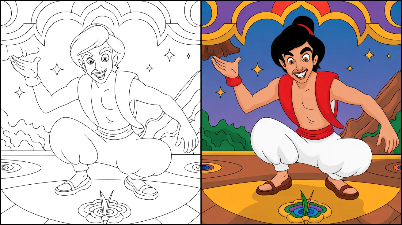 Aladdin coloring page: a two-panel image of aladdin in a squatting pose