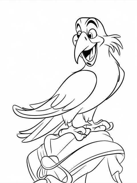 Line art of iago the parrot from aladdin, perched on jafar's clothing