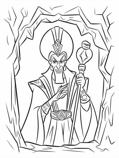 Coloring page of jafar from aladdin, holding his staff, plotting in a cover image