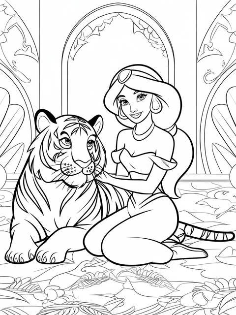 Aladdin's jasmine sitting with a tiger in a royal garden, coloring page