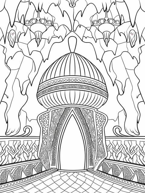 Line art of the cave of wonders entrance from aladdin, with detailed architecture