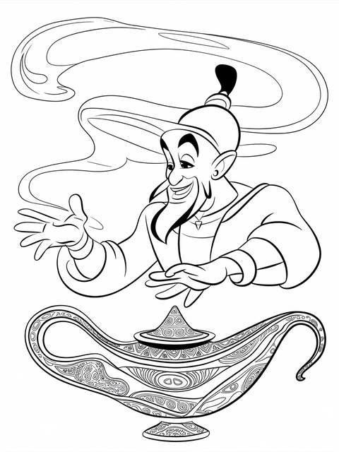 Line art of genie emerging from the lamp from aladdin, ready to grant wishes
