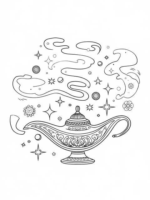 Line art of aladdin's magic lamp with swirling smoke and stars, ready to color