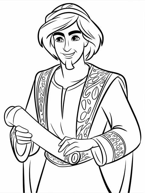 Aladdin, the sultan, holding a scroll, ready for coloring, from the cover