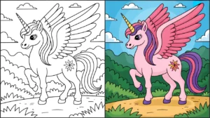 Alicorn coloring page: a two-panel image of a winged unicorn, one colored
