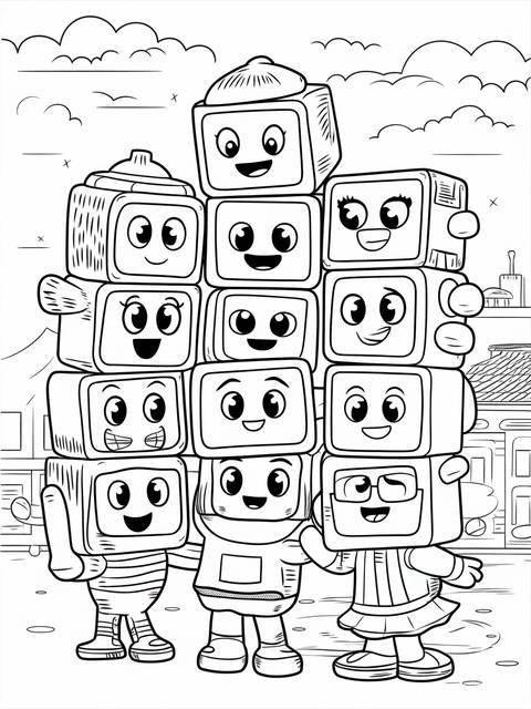 Alphablocks characters stacked together in a coloring page illustration, featuring multiple smiling faces