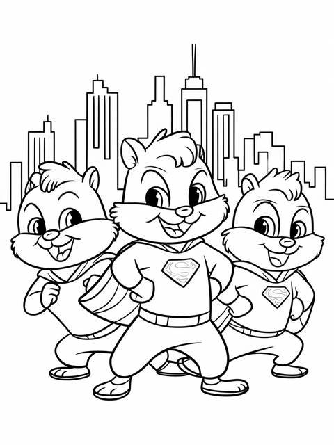 Alvin, simon, and theodore from alvin and the chipmunks, drawn as superheroes in front of city