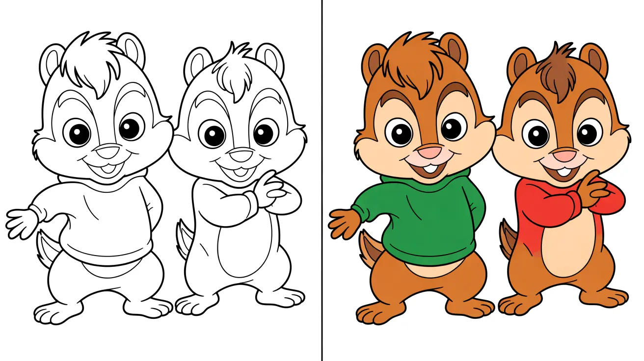 Alvin and the chipmunks coloring page featuring two cartoon chipmunks in color and line art