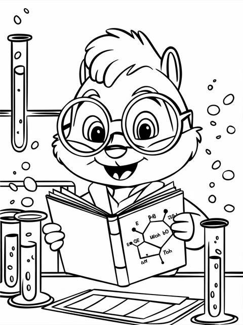 Simon from alvin and the chipmunks, wearing glasses, studying chemistry with test tubes