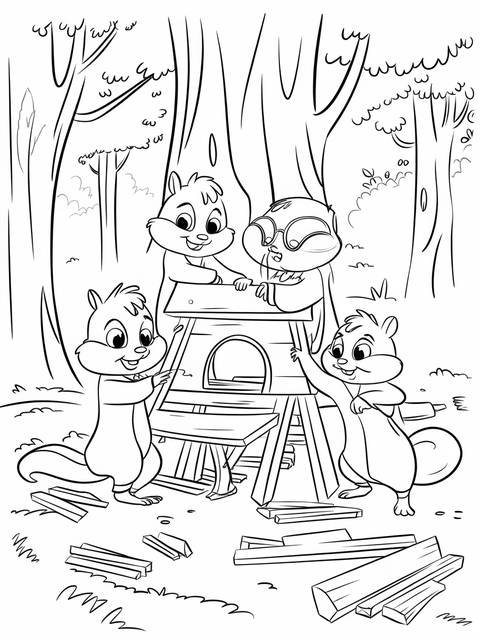 Alvin and the chipmunks building a structure together in a woodland scene