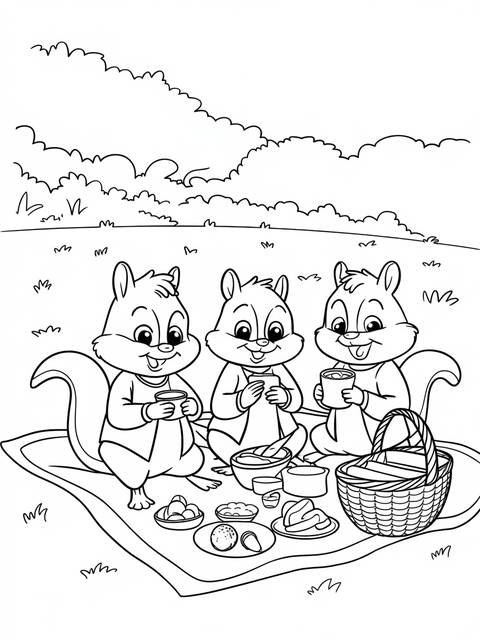 Alvin and the chipmunks coloring page depicting the chipmunks enjoying a picnic