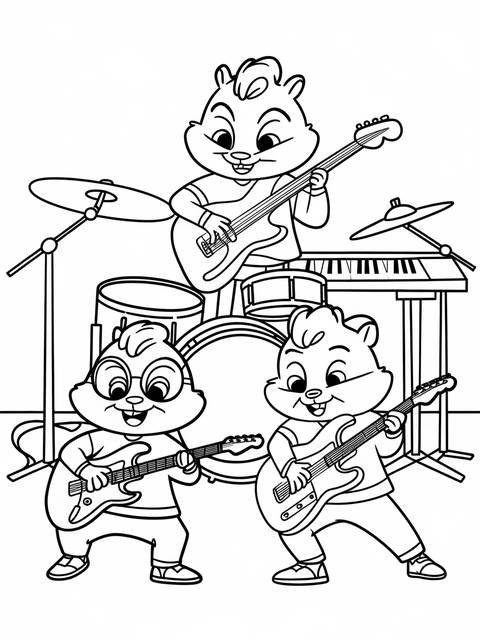 Alvin and the chipmunks band playing instruments on a black and white coloring page