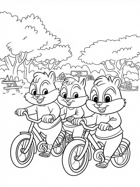 Alvin and the chipmunks riding bikes in a park, a coloring page