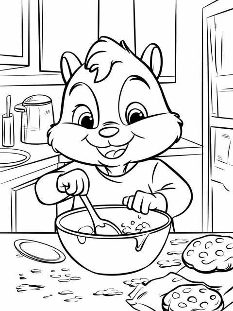 Theodore from alvin and the chipmunks happily mixing ingredients in a bowl