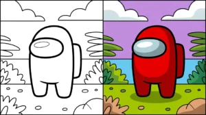 Among us coloring page: a red crewmate in a grassy landscape