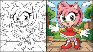 Amy rose coloring page: a two-panel image, one colored, one black and white