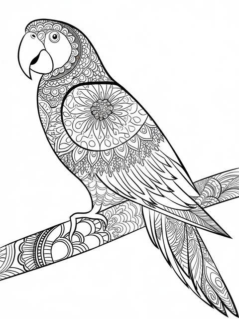 Detailed animal mandala: a vibrant parrot perched on a branch, ready for coloring