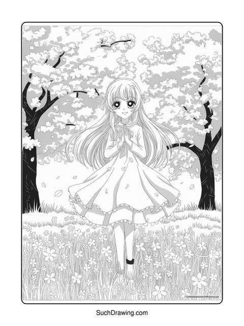 Anime girl in a dress standing in a field of flowers, surrounded by trees