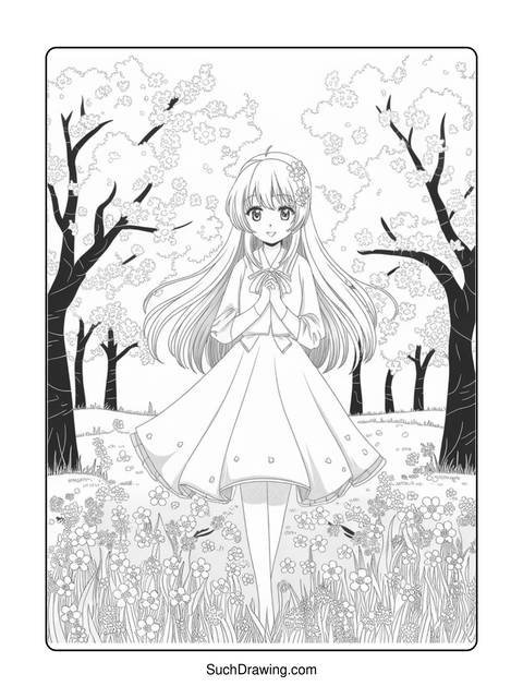 Anime-style girl standing in a field of flowers, surrounded by trees