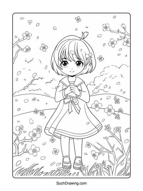 Line art of a girl standing in a field of flowers, holding her hands together