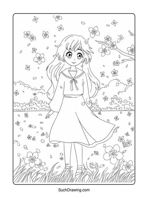 Line art of a young girl in a dress surrounded by flowers