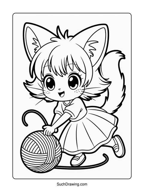 Line art of a cute fox girl playing with a ball of yarn