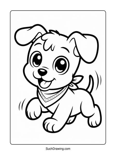 Line art of a happy puppy wearing a bandana, ready to play