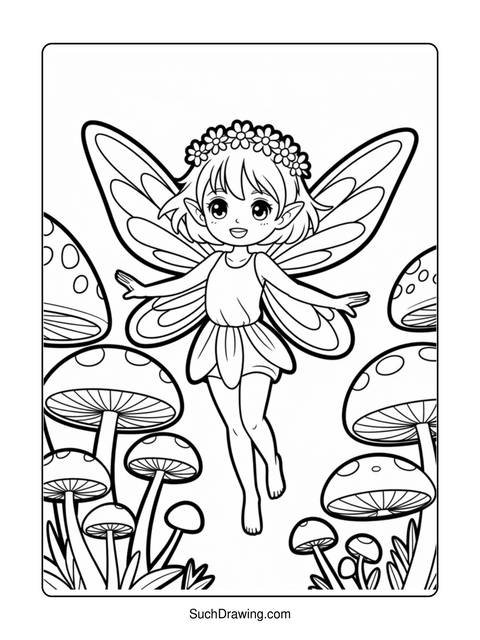 A fairy with large wings and a flower crown, surrounded by mushrooms